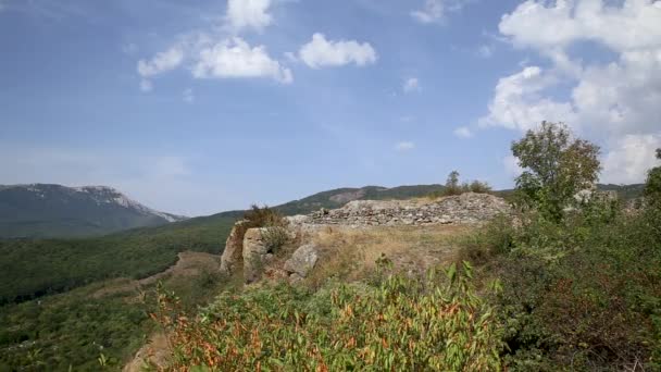 Πανοραμική θέα από την διάσημη κοιλάδα του φαντάσματος με βράχια με παράξενα σχήμα. Τα βουνά ντεδεντάτζι. Κριμαία — Αρχείο Βίντεο