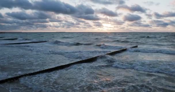 Wellenbrecher aus Lärchenstämmen. Stärkung der Küste, um den Sand am Strand zu halten. wunderschöner Sonnenuntergang in zelenogradsk, russland. — Stockvideo