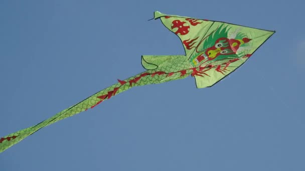Bright kite with a painted dragon flies in clear blue sky. — Stock Video
