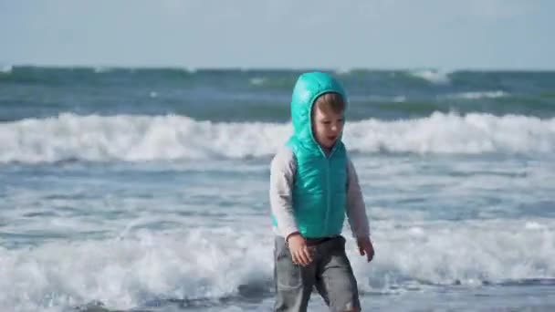 Peuter jongen in vest speelt met zand aan zee kant. — Stockvideo