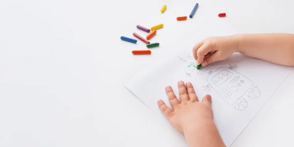 Toddler Draws Colorful Robot Kid Uses Wax Crayons Paint Coloring — Stock Photo, Image