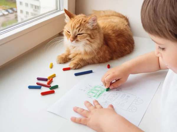 Toddler Draws Colorful Robot Kid Uses Wax Crayons Paint Cute — Stock Photo, Image