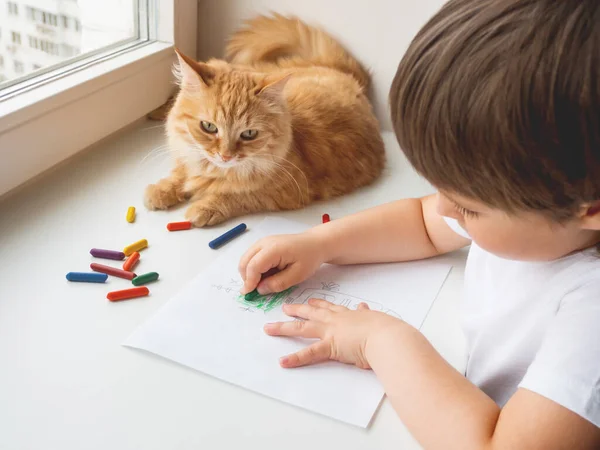 Toddler Draws Colorful Robot Kid Uses Wax Crayons Paint Cute — Stock Photo, Image