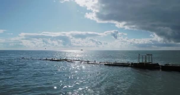 Las gaviotas se sientan sobre barandillas oxidadas. Surf de mar tranquilo a la luz del día, Sochi, Rusia . — Vídeos de Stock