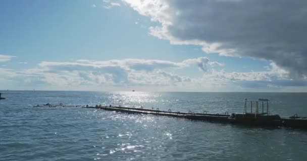 Las gaviotas se sientan sobre barandillas oxidadas. Surf de mar tranquilo a la luz del día, Sochi, Rusia . — Vídeos de Stock