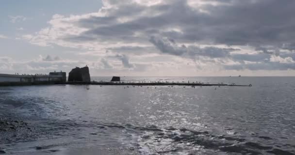 岩の多いビーチでの海サーフィン。晴れた日には静かな自然の背景。黒海,ソチ,ロシア. — ストック動画