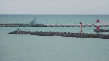 SOCHI, Rusya - Şubat 05, 2020. Martılar ve karabataklar dalgakıranların üzerinde otururlar. Bulutlu arka planda deniz feneri. Soçi Limanı, Rusya.