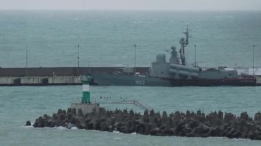 SOCHI, Rusya - Şubat 05, 2020. Martılar ve karabataklar dalgakıranların üzerinde otururlar. Bulutlu arka planda deniz feneri. Soçi Limanı, Rusya.