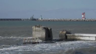 SOCHI, Rusya - Şubat 05, 2020. Martılar ve karabataklar dalgakıranların üzerinde otururlar. Bulutlu arka planda deniz feneri. Soçi Limanı, Rusya.