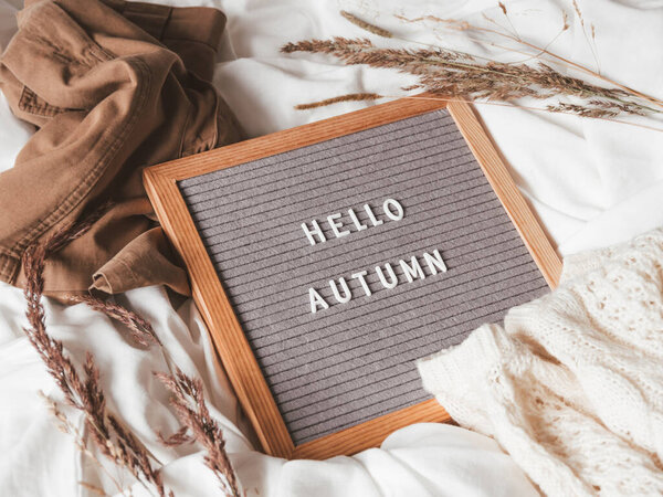 Доска с приветствием сезона HELLO AUTN. Смятый текстильный фон с сушеной травой, белый вязаный свитер и коричневые теплые наряды. 