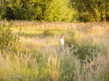 Sahada oynayan şirin bir çocuk. Bebek için açık hava eğlence etkinliği. Sonbahar sezonu. Turuncu gün batımı ışığı.