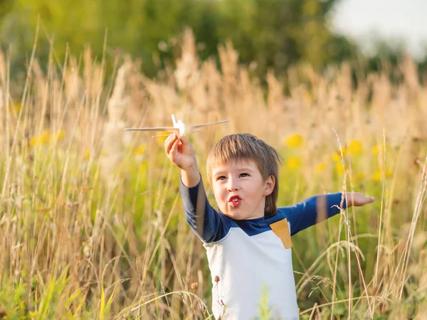 Niedliches Kleinkind Spielt Mit Spielzeugflugzeug Auf Feld Glückliches Kind Träumt — Stockfoto