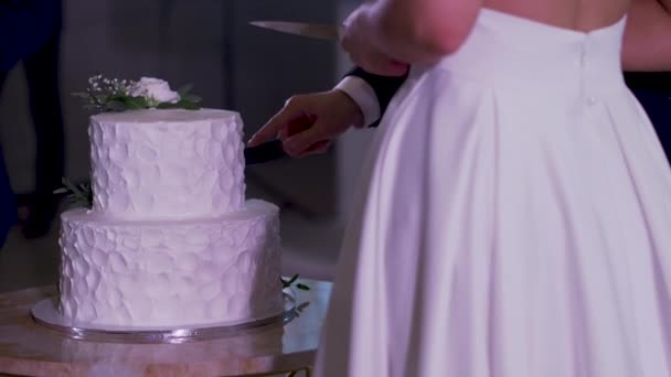 Наречений і наречений вирізали двоярусний весільний торт. Банкет після весільної церемонії . — стокове відео