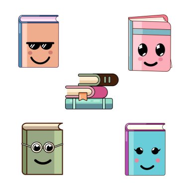 Kawaii kitap izole ayarla. Çizgi film düz stil.