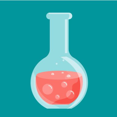 Cam ile kırmızı sıvı kimyasal şişesi. Vektör düz simgesi.