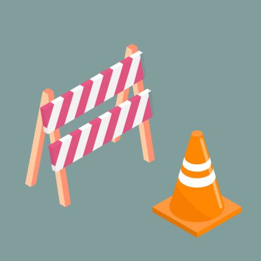 Traffic cone and barrier board isolated on white background. Vector isometric illustration. Sign for road repair. clipart