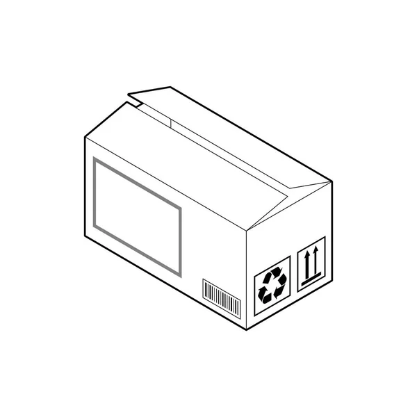 Icône de contour de large boîte en carton. Boîte ondulée vide avec deux volets presque fermés. Vecteur isométrique isolé sur fond blanc . — Image vectorielle