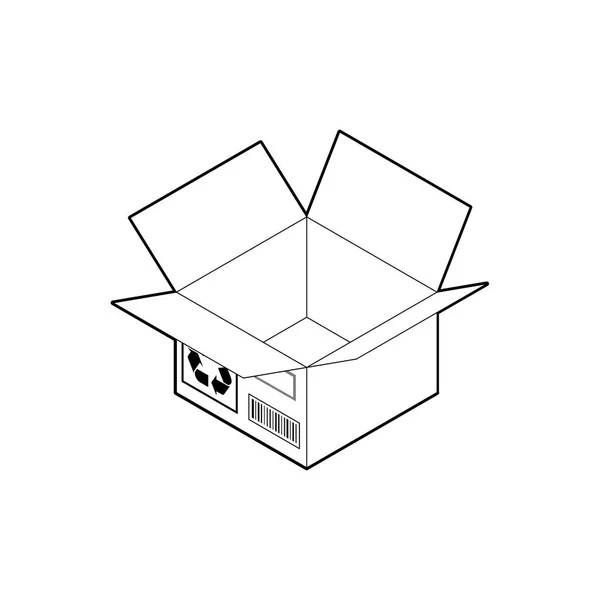 Icono del contorno de la caja de cartón cúbico. Caja corrugada vacía con cuatro solapas abiertas. Vector isométrico aislado sobre fondo blanco . — Archivo Imágenes Vectoriales