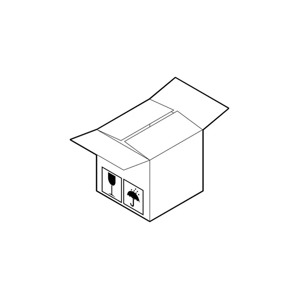 Εικονίδιο περιγράμματος χαρτοκουτιού. Άδειο κυματοειδές κουτί με δύο ανοικτά και δύο κλειστά πτερύγια. Ισομετρικό διάνυσμα απομονωμένο σε λευκό φόντο. — Διανυσματικό Αρχείο