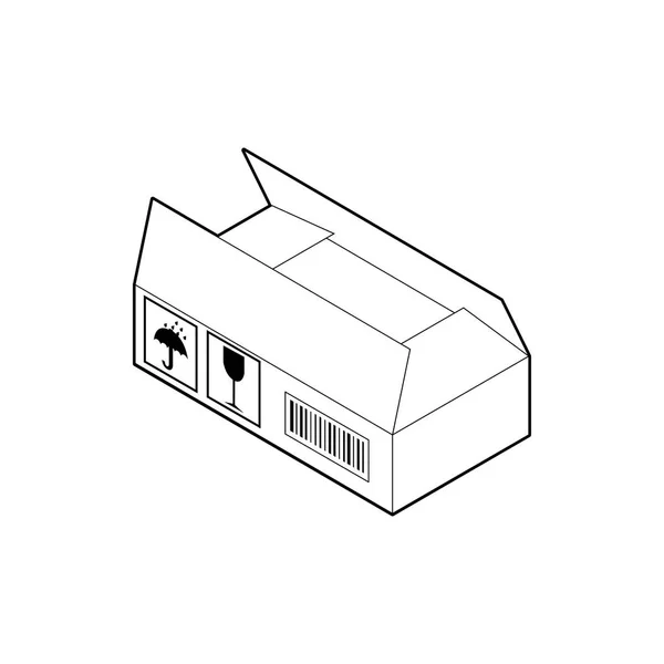 Icône de contour de large boîte en carton. Boîte ondulée vide avec deux volets ouverts et deux volets fermés. Vecteur isométrique isolé sur fond blanc . — Image vectorielle