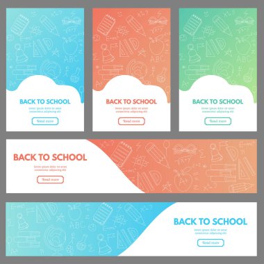 Doddle arka planda okul malzemeleri ile web afiş seti. Okula geri dön.
