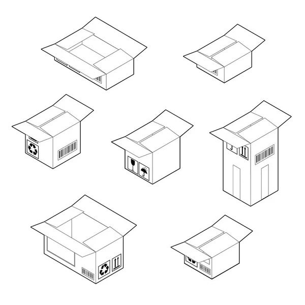 Box-Symbol gesetzt. Umrisse leerer Wellpappkartons mit 2 aufgeklappten und zwei geschlossenen Deckeln. isometrischer Vektor isoliert auf weißem Hintergrund. — Stockvektor