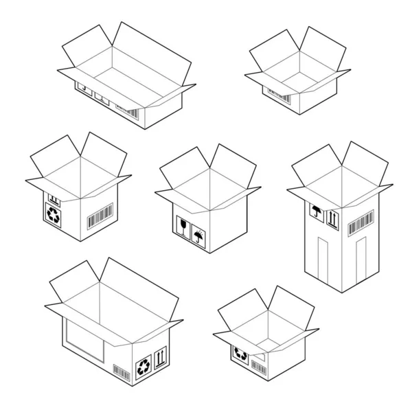 Conjunto de iconos. Esquema de cajas de cartón corrugado vacías con cuatro solapas superiores abiertas. Vector isométrico aislado sobre fondo blanco . — Archivo Imágenes Vectoriales