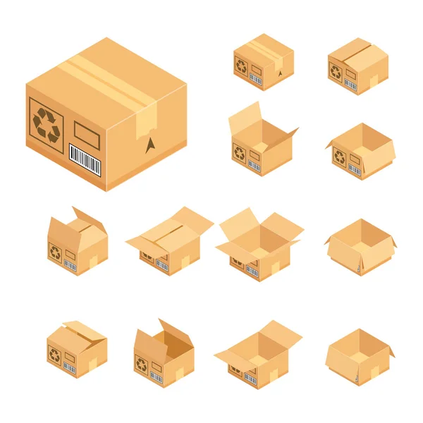 Изометрический набор картонных коробок. Векторная иллюстрация процесса упаковки на белом фоне . — стоковый вектор
