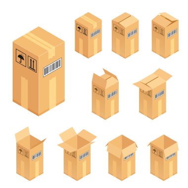 Isometrik karton kutu seti. Paket işlemi vektör illüstrasyon beyaz arka plan üzerinde izole.