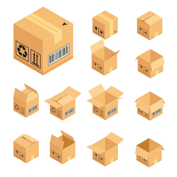 Conjunto de cajas de cartón isométricas. Paquete caja de entrega. Ilustración vectorial aislada sobre fondo blanco . — Archivo Imágenes Vectoriales