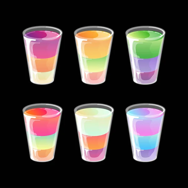 Conjunto de shots de gelatina. Geleia de gradiente multicolorida brilhante em estilo de desenho animado brilhante. Ilustração vetorial isolada sobre fundo preto . —  Vetores de Stock