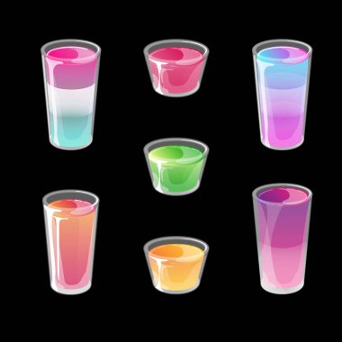 Kokteyl jölesi çekimleri seti. Parlak çizgi film tarzında parlak çok renkli degrade jöle. Siyah arka planda yalıtılmış vektör çizimi.
