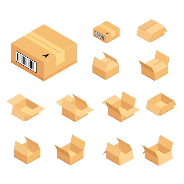 Isometrik karton kutular seti. Teslimat kutusu paketi. Beyaz arka planda yalıtılmış vektör çizimi. — Stok Vektör