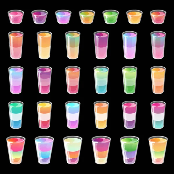 Set of cocktail jelly shots. Bright multicolored gradient jelly in glossy cartoon style. Vector illustration isolated on black background. — Stock Vector