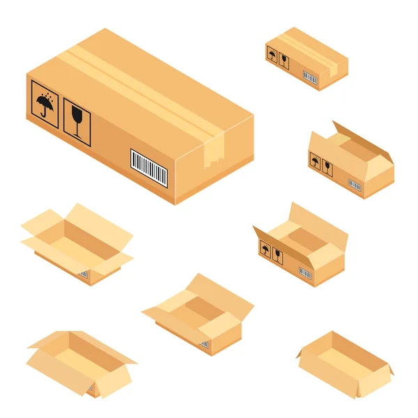 Conjunto de cajas de cartón isométricas. Paquete caja de entrega. Ilustración vectorial aislada sobre fondo blanco . — Vector de stock