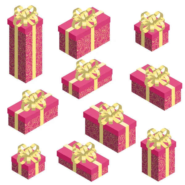 Набор изометрических подарочных коробок с красным узором и золотым бантом. Векторная иллюстрация на белом фоне . — стоковый вектор