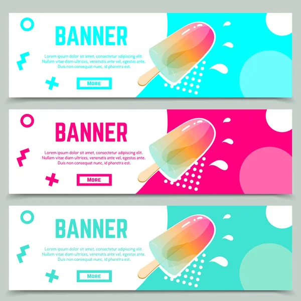 Conjunto de modelos de banner web abstratos em estilo memphis com picolé de verão fresco . — Vetor de Stock