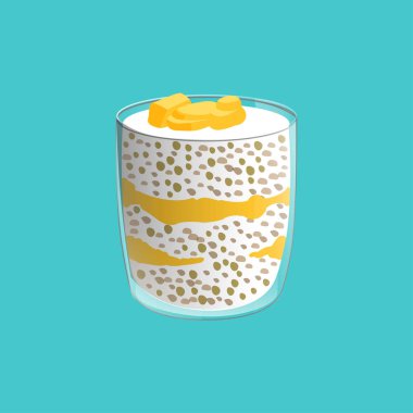 Chea tohumlu puding. Cam sağlıklı vegan snack. Mavi arka planda izole edilmiş vektör illstasyonu.