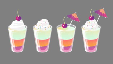 Topingler ile çekilen kokteyl jöle seti. Taze tatlı içecek reklamları kavramı. Vektör Illustration.