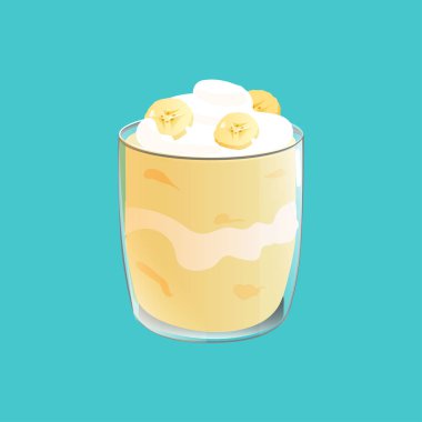 Muz pudingi. Cam Sağlıklı Vegan snack. Mavi arka planda izole vektör illstration.