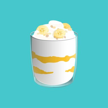 Muz pudingi. Cam Sağlıklı Vegan snack. Mavi arka planda izole vektör illstration.
