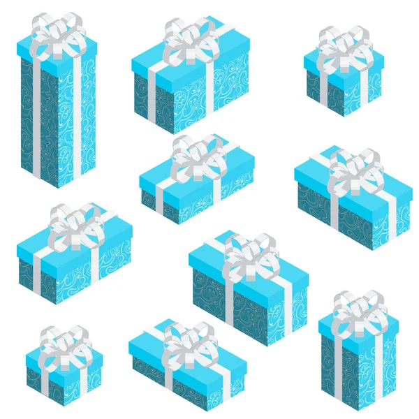 Set van isometrische geschenkdozen met blauwe patroon wrap en witte strik. — Stockvector