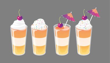 Topingler ile çekilen kokteyl jöle seti. Taze tatlı içecek reklamları kavramı. Vektör Illustration.