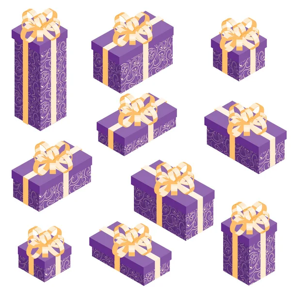 Conjunto de cajas de regalo isométricas con envoltura de patrón violeta y arco dorado . — Vector de stock