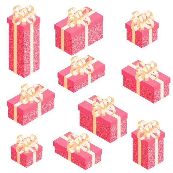 Set of isometric gift boxes with red pattern wrap and golden bow. — Stock Vector