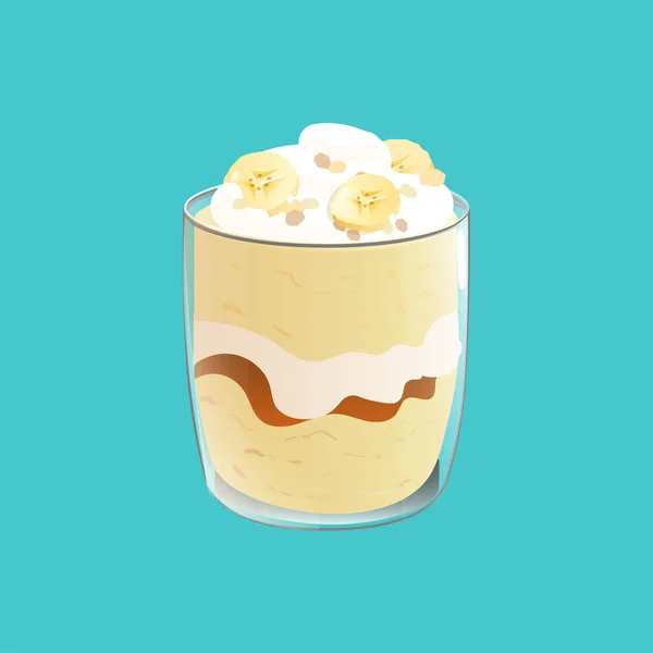 Banaan pudding. Gezonde Vegan snack in glas. Vector illstration geïsoleerd op blauwe achtergrond. — Stockvector