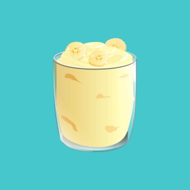 Muz pudingi. Cam Sağlıklı Vegan snack. Mavi arka planda izole vektör illstration.