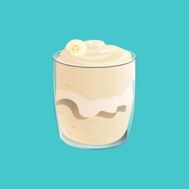 Muz pudingi. Cam Sağlıklı Vegan snack. Mavi arka planda izole vektör illstration.