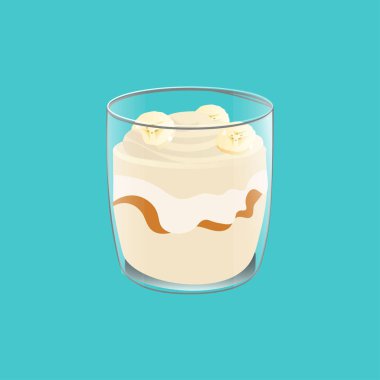 Muz pudingi. Cam Sağlıklı Vegan snack. Mavi arka planda izole vektör illstration.