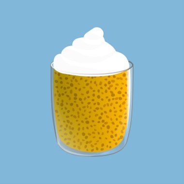 Chia tohumlu puding. Cam sağlıklı vegan snack. Mavi arka planda izole edilmiş vektör illstasyonu.